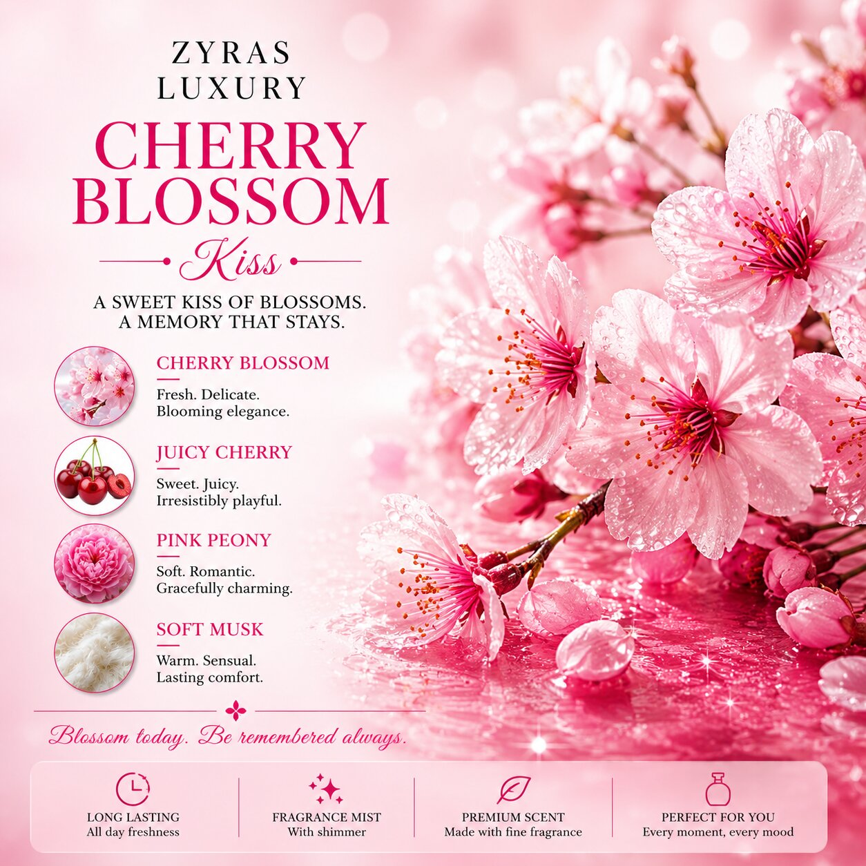 ZYRAS LUXURY Cherry Blossom Kiss Fragrance Mist with Shimmer – 250 ml