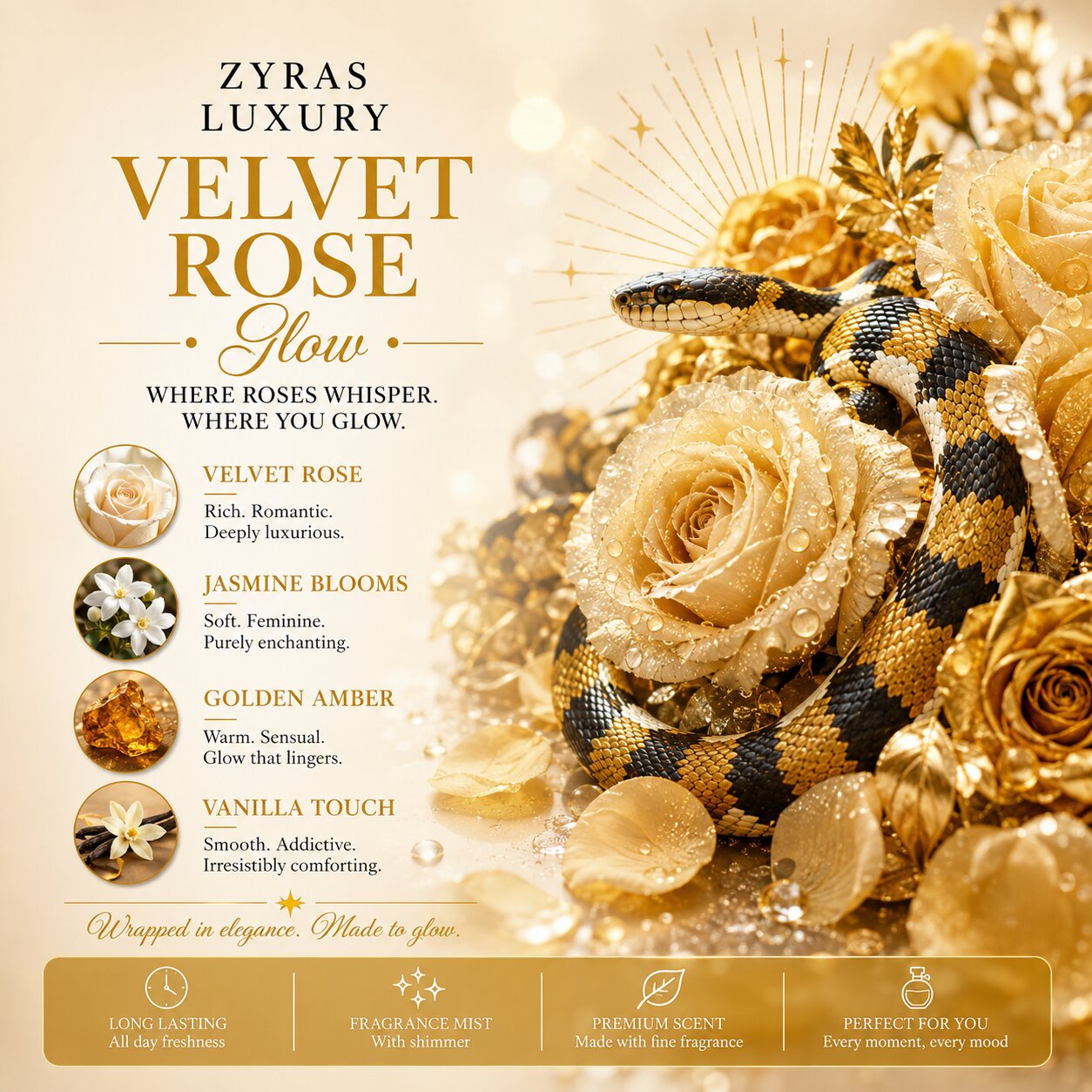 Zyras Luxury Velvet Rose Glow Fragrance Mist with Shimmer – 250 ml