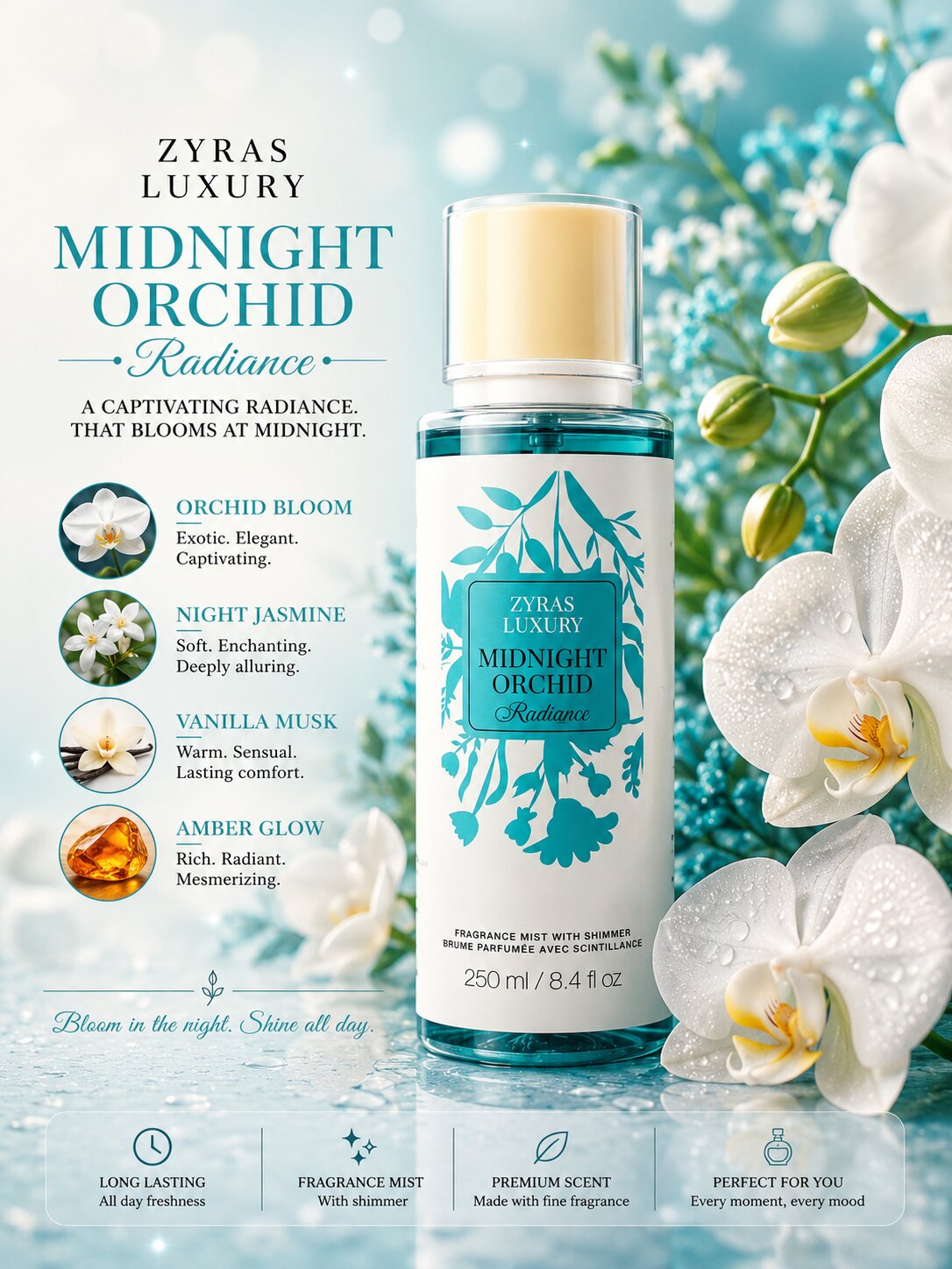 ZYRAS LUXURY Midnight Orchid Radiance Fragrance Mist with Shimmer – 250 m